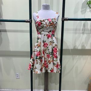 Eva Rose Ivory Rose Floral Fit And Flare Pinup Tie-Back Dress With Pockets